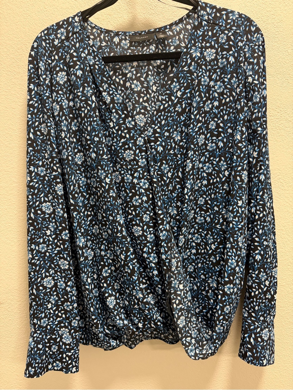 Halogen Black Floral Wrap Blouse with Blue Accents